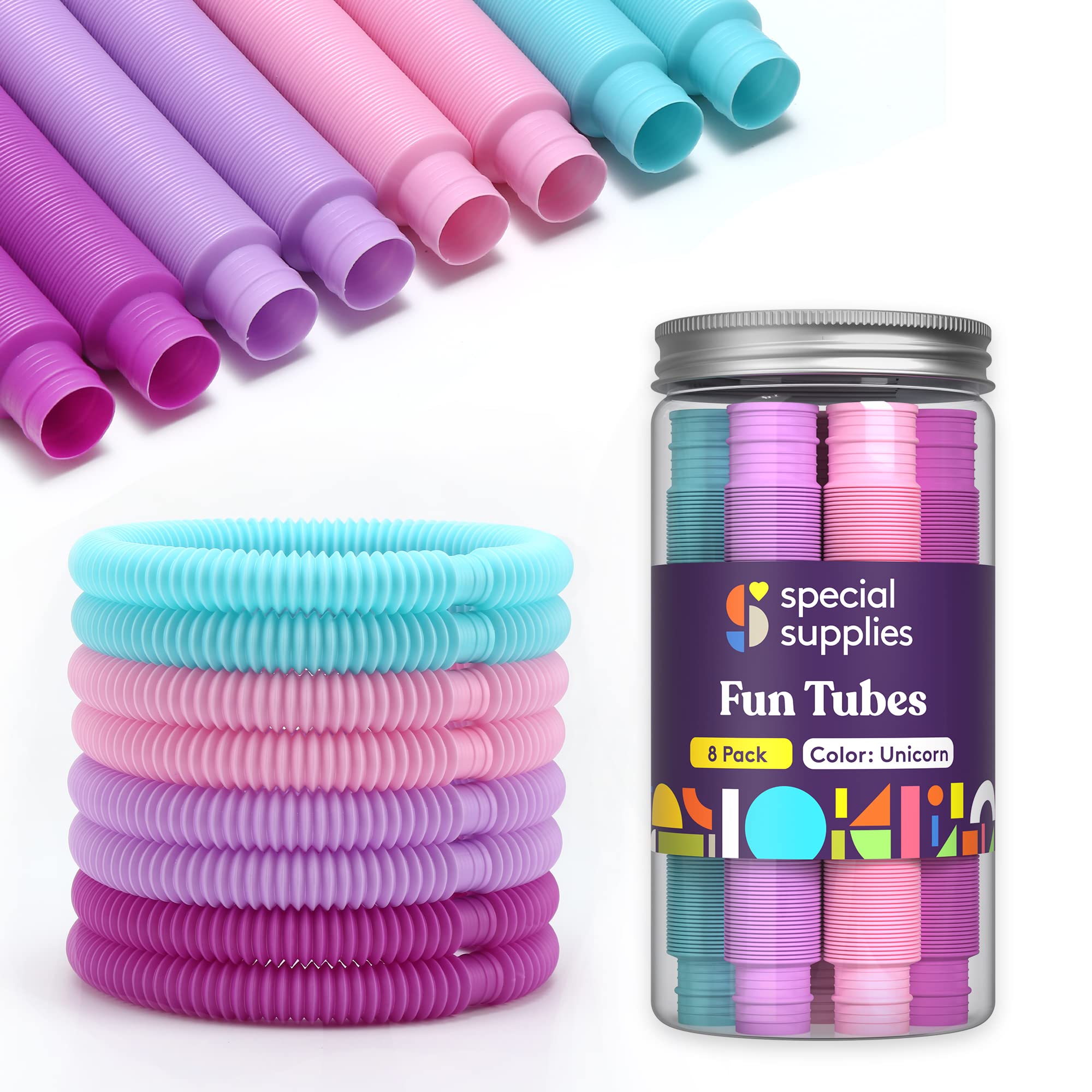 Special Supplies Fun Pull and Stretch Tubes for Kids - Pop Bend Build and Connect Toy Provide Tactile and Auditory Sensory Play Colorful Heavy-Duty Plastic (8-Pack Unicorn Colors)