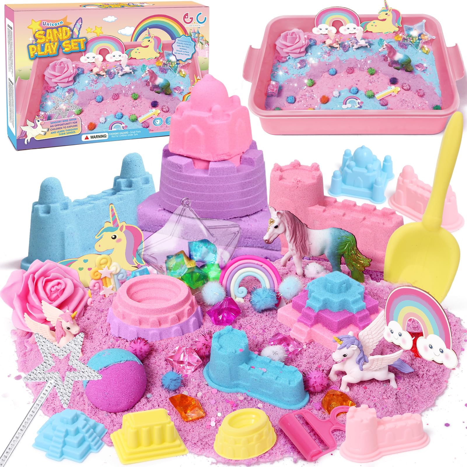 G.C Unicorn Sensory Bin for Girl Kid Toy Play Sand Art Kit 108pcs with Sandbox 2lb Color Sand 6 Castle Molds Unicorn Tactile Sensory Toy Christmas Birthday Gift for Girl Toddler Ages 3 4 5 6 7 8